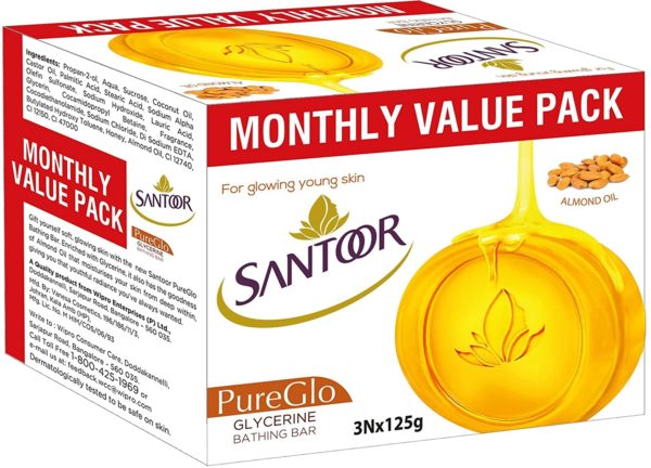 SANTOOR soap-pureGlo Glycerine Bathing Bar with Oil,Almond (3*125)